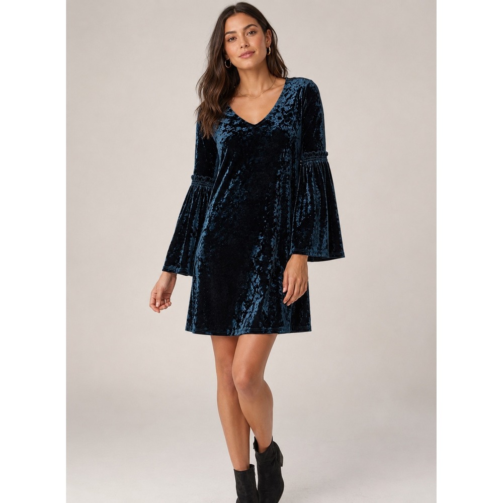 Karen Kane Womens XL Blue‎ Crushed Velvet Bell Sleeve V-Neck Shift Dress Teal